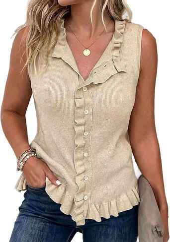 Flamingals Collared V Neck Sleeveless Shirts for Women Rib Knit Lettuce Trim Button Front Tops Trendy Elegant Blouses in Saudi Arabia