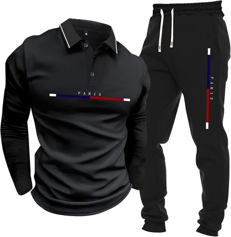 Men's Spring/Summer Thin Paris Letter-Print Long-sleeve Polo Shirt Sweatpants 2-piece Set Fashionable Casual Vacation Sports in Kuwait