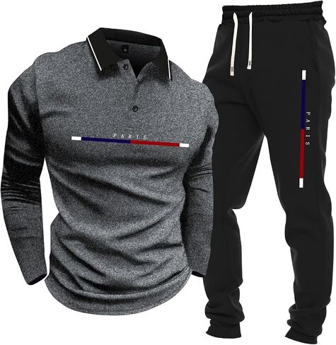 Men's Spring/Summer Thin Paris Letter-Print Long-sleeve Polo Shirt Sweatpants 2-piece Set Fashionable Casual Vacation Sports in Kuwait