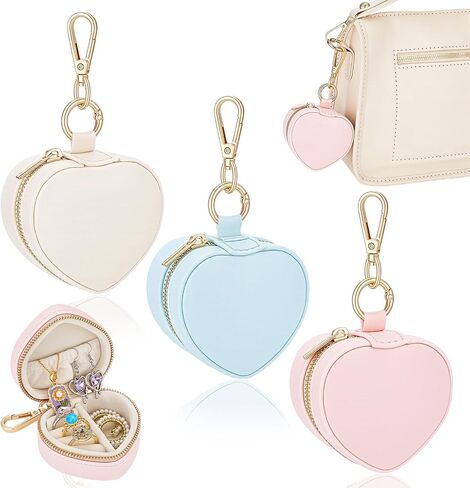3Pcs Heart Shape Mini Travel Jewelry Case, Mini Jewelry Ring Case Holder Keychain 3 Color Portable Zipper Clutch Organizer for Women Necklaces Rings Earrings Bracelets in Saudi Arabia
