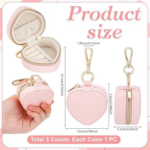 3Pcs Heart Shape Mini Travel Jewelry Case, Mini Jewelry Ring Case Holder Keychain 3 Color Portable Zipper Clutch Organizer for Women Necklaces Rings Earrings Bracelets in Saudi Arabia