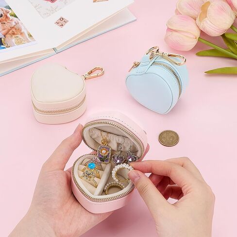 3Pcs Heart Shape Mini Travel Jewelry Case, Mini Jewelry Ring Case Holder Keychain 3 Color Portable Zipper Clutch Organizer for Women Necklaces Rings Earrings Bracelets in Saudi Arabia