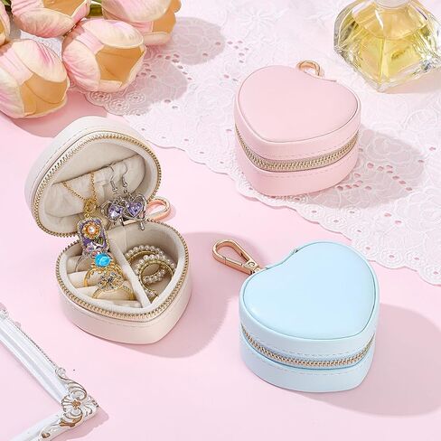 3Pcs Heart Shape Mini Travel Jewelry Case, Mini Jewelry Ring Case Holder Keychain 3 Color Portable Zipper Clutch Organizer for Women Necklaces Rings Earrings Bracelets in Saudi Arabia