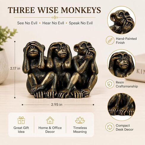 MeritMode Three Wise Monkeys Statue – See No Evil Hear No Evil Speak No Evil Decor, Antique Bronze Resin Monkey Figurines for Home Office Desk Shelf Decoration in Saudi Arabia
