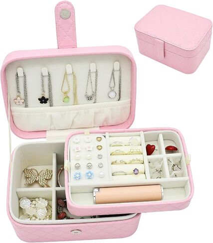 Jewelry Travel Case, 2-Layer Jewelry Box Organizer Medium Jewelry Travel Box, Portable Faux Leather Jewellery Storage Boxes with Argyle for Women, Daily Jewellery Case Home Use (Apricot beige) in Saudi Arabia
