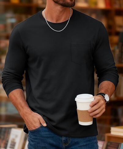 Men's Long Sleeve T-Shirts with Pocket Casual Crew Neck Lightweight Shirts Moisture Wicking Basic Plain Pullover Tee Tops in Kuwait