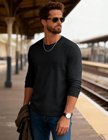 Men's Long Sleeve T-Shirts with Pocket Casual Crew Neck Lightweight Shirts Moisture Wicking Basic Plain Pullover Tee Tops in Kuwait