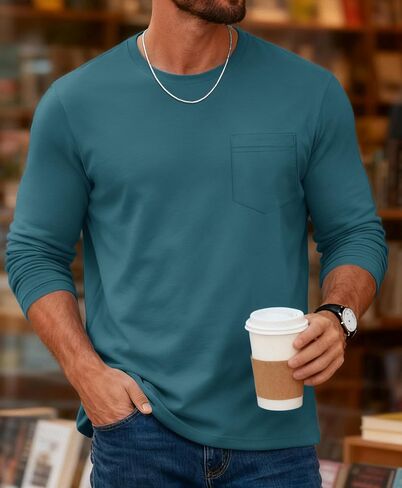 Men's Long Sleeve T-Shirts with Pocket Casual Crew Neck Lightweight Shirts Moisture Wicking Basic Plain Pullover Tee Tops in Kuwait