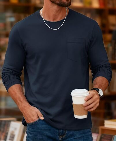 Men's Long Sleeve T-Shirts with Pocket Casual Crew Neck Lightweight Shirts Moisture Wicking Basic Plain Pullover Tee Tops in Kuwait