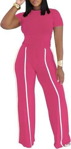 Ulovmi Women's Two Piece Outfit Slim Fit Top Wide Leg Pants Striped Tracksuit Loungewear Casual Outfit Set in Saudi Arabia