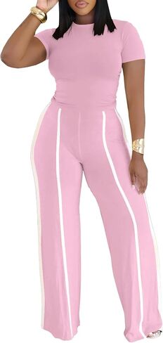 Ulovmi Women's Two Piece Outfit Slim Fit Top Wide Leg Pants Striped Tracksuit Loungewear Casual Outfit Set in Saudi Arabia