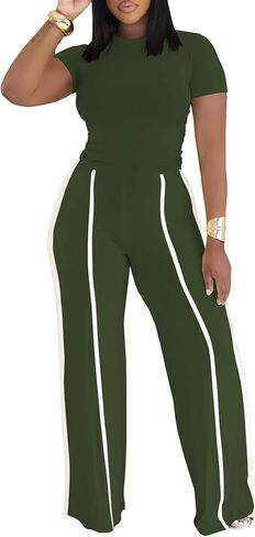 Ulovmi Women's Two Piece Outfit Slim Fit Top Wide Leg Pants Striped Tracksuit Loungewear Casual Outfit Set in Saudi Arabia