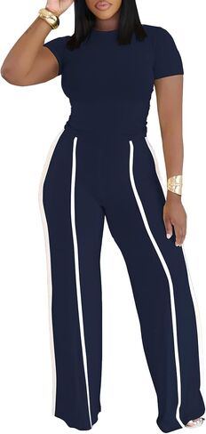Ulovmi Women's Two Piece Outfit Slim Fit Top Wide Leg Pants Striped Tracksuit Loungewear Casual Outfit Set in Saudi Arabia