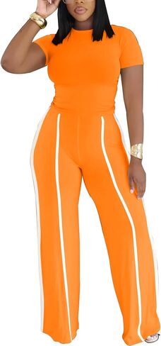 Ulovmi Women's Two Piece Outfit Slim Fit Top Wide Leg Pants Striped Tracksuit Loungewear Casual Outfit Set in Saudi Arabia