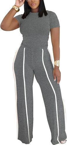 Ulovmi Women's Two Piece Outfit Slim Fit Top Wide Leg Pants Striped Tracksuit Loungewear Casual Outfit Set in Saudi Arabia