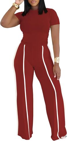 Ulovmi Women's Two Piece Outfit Slim Fit Top Wide Leg Pants Striped Tracksuit Loungewear Casual Outfit Set in Saudi Arabia