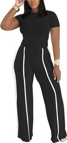 Ulovmi Women's Two Piece Outfit Slim Fit Top Wide Leg Pants Striped Tracksuit Loungewear Casual Outfit Set in Saudi Arabia