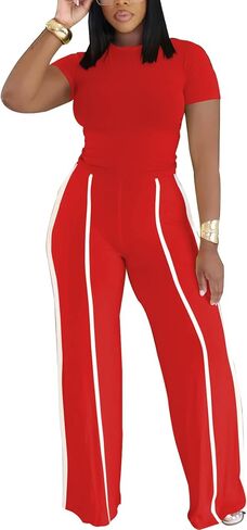 Ulovmi Women's Two Piece Outfit Slim Fit Top Wide Leg Pants Striped Tracksuit Loungewear Casual Outfit Set in Saudi Arabia