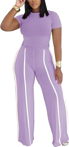 Ulovmi Women's Two Piece Outfit Slim Fit Top Wide Leg Pants Striped Tracksuit Loungewear Casual Outfit Set in Saudi Arabia