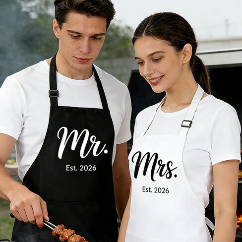 Mr Mrs Est 2026 Aprons for Couples Gifts,Funny Kitchen Gifts for Wedding, Engagement gifts for Couples, Christmas Gifts for Husband, Wife, Boyfriend, Girlfriend, Him Her-12 in Saudi Arabia