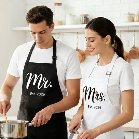 Mr Mrs Est 2026 Aprons for Couples Gifts,Funny Kitchen Gifts for Wedding, Engagement gifts for Couples, Christmas Gifts for Husband, Wife, Boyfriend, Girlfriend, Him Her-12 in Saudi Arabia
