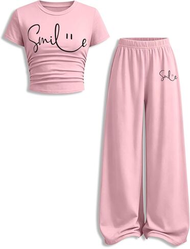 Girls 2 Piece Outfits Short Sleeve Letter Print Top＋Wide Leg Pants Summer Fall Clothing Set Sizes 7-14 Years in Saudi Arabia