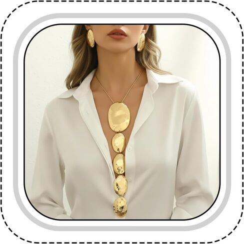 Statement Necklace and Earrings Set for Women, Silver Geometric Hammered Texture Jewelry, Extra Long Asymmetrical Graduated Size Pendant, Trendy Bold Metallic Accessory for Party Wedding in Saudi Arabia