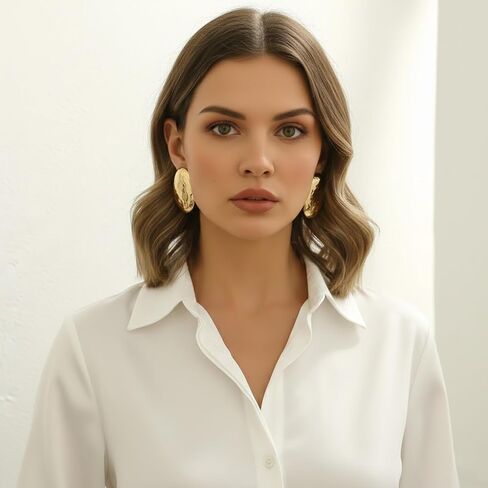 Statement Necklace and Earrings Set for Women, Silver Geometric Hammered Texture Jewelry, Extra Long Asymmetrical Graduated Size Pendant, Trendy Bold Metallic Accessory for Party Wedding in Saudi Arabia