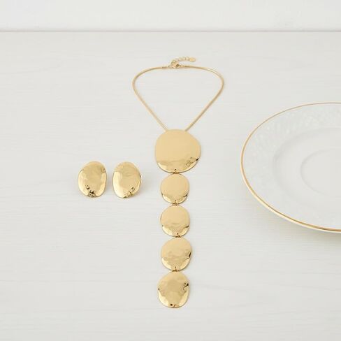 Statement Necklace and Earrings Set for Women, Silver Geometric Hammered Texture Jewelry, Extra Long Asymmetrical Graduated Size Pendant, Trendy Bold Metallic Accessory for Party Wedding in Saudi Arabia