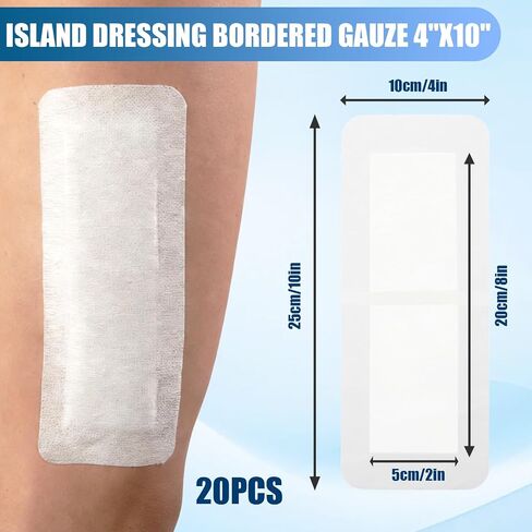 20 Pcs Adhesive Island Bandages Wound Dressing for Knee Replacement 4" x 10" Bordered Large Gauze Pad Post Surgery Hip C-Section Hysterectomy Tummy Tuck Recovery Wounds Cover Women Men Patients in Kuwait