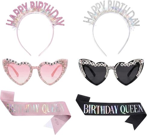 Pink & Black Birthday Girl Sash and Birthday Girl Headband with Heart Sunglasses, 6 Pcs Birthday Accessories Set for Besties, Universal Birthday Sash for Girls of All Ages in Saudi Arabia