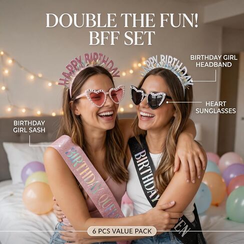Pink & Black Birthday Girl Sash and Birthday Girl Headband with Heart Sunglasses, 6 Pcs Birthday Accessories Set for Besties, Universal Birthday Sash for Girls of All Ages in Saudi Arabia