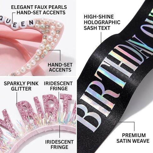 Pink & Black Birthday Girl Sash and Birthday Girl Headband with Heart Sunglasses, 6 Pcs Birthday Accessories Set for Besties, Universal Birthday Sash for Girls of All Ages in Saudi Arabia