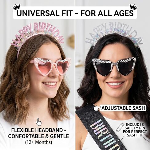 Pink & Black Birthday Girl Sash and Birthday Girl Headband with Heart Sunglasses, 6 Pcs Birthday Accessories Set for Besties, Universal Birthday Sash for Girls of All Ages in Saudi Arabia