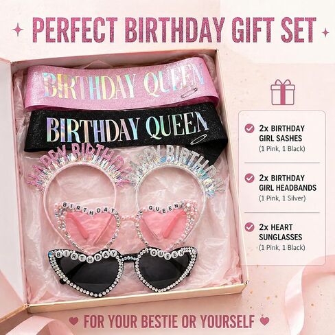 Pink & Black Birthday Girl Sash and Birthday Girl Headband with Heart Sunglasses, 6 Pcs Birthday Accessories Set for Besties, Universal Birthday Sash for Girls of All Ages in Saudi Arabia