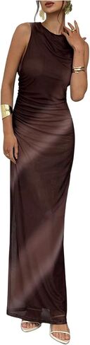 GORGLITTER Women's Mesh Maxi Dress Tie Dye Sheer Ruched Sleeveless Wedding Guest Prom Cocktail Bodycon Sundresses in Saudi Arabia