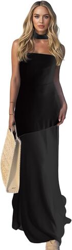 AMPOSSTO Women's Elegant Strapless Bridemaid Maxi Dress with Scarf Sexy Split Off Shoulder Mesh Party Club Evening Dress in Saudi Arabia