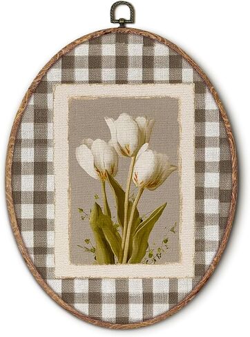 Hxlac Vintage Tulip Floral Oval Wall Art Framed, Spring White Tulip Flower Oval Wall Decor, Neutral Gingham Botanical Canvas Prints Wall Sculptures for Home Bedroom Living Room Decor, 8.5x11.5 Inch in Saudi Arabia
