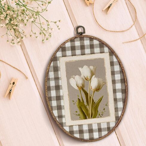 Hxlac Vintage Tulip Floral Oval Wall Art Framed, Spring White Tulip Flower Oval Wall Decor, Neutral Gingham Botanical Canvas Prints Wall Sculptures for Home Bedroom Living Room Decor, 8.5x11.5 Inch in Saudi Arabia