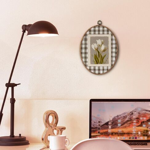 Hxlac Vintage Tulip Floral Oval Wall Art Framed, Spring White Tulip Flower Oval Wall Decor, Neutral Gingham Botanical Canvas Prints Wall Sculptures for Home Bedroom Living Room Decor, 8.5x11.5 Inch in Saudi Arabia