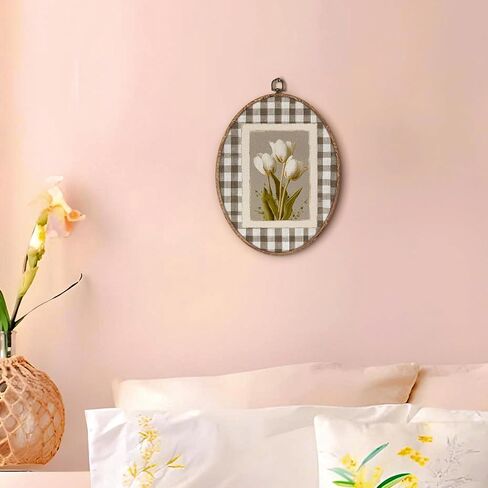 Hxlac Vintage Tulip Floral Oval Wall Art Framed, Spring White Tulip Flower Oval Wall Decor, Neutral Gingham Botanical Canvas Prints Wall Sculptures for Home Bedroom Living Room Decor, 8.5x11.5 Inch in Saudi Arabia