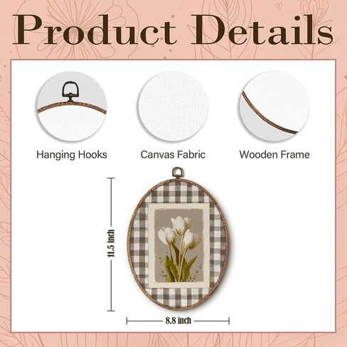 Hxlac Vintage Tulip Floral Oval Wall Art Framed, Spring White Tulip Flower Oval Wall Decor, Neutral Gingham Botanical Canvas Prints Wall Sculptures for Home Bedroom Living Room Decor, 8.5x11.5 Inch in Saudi Arabia