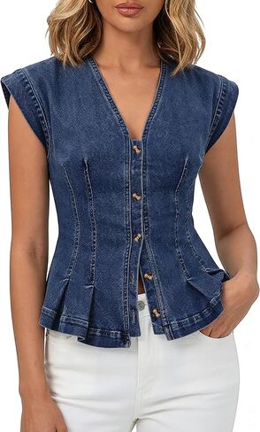 Women's Casual Cap Sleeve V Neck Denim Vest Button Down Fitted Pleated Summer Y2k Trendy Jean Tank Top in Kuwait