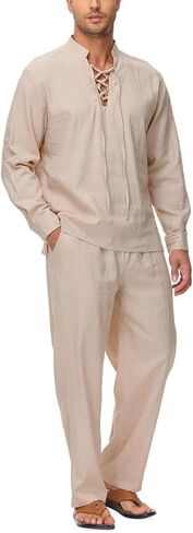Lamgool Mens 2 Pieces Cotton Linen Set Long Sleeve Shirts Casual Drawstring Yoga Pants Summer Beach Wedding Outfits in Kuwait