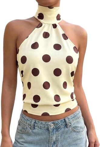 MakeMeChic Women's Polka Dots Open Back Halter Top Cinched Waist Mock Neck Tie Y2K Going Out Tops in Kuwait