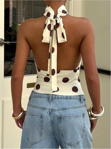 MakeMeChic Women's Polka Dots Open Back Halter Top Cinched Waist Mock Neck Tie Y2K Going Out Tops in Kuwait