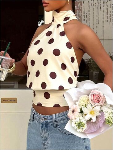 MakeMeChic Women's Polka Dots Open Back Halter Top Cinched Waist Mock Neck Tie Y2K Going Out Tops in Kuwait