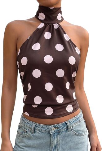 MakeMeChic Women's Polka Dots Open Back Halter Top Cinched Waist Mock Neck Tie Y2K Going Out Tops in Kuwait