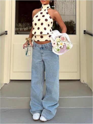 MakeMeChic Women's Polka Dots Open Back Halter Top Cinched Waist Mock Neck Tie Y2K Going Out Tops in Kuwait