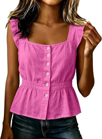 Square Neck Tank Tops for Women Ruffle Sleeveless Button Down Peplum Shirts Y2K Babydoll Blouse in Saudi Arabia